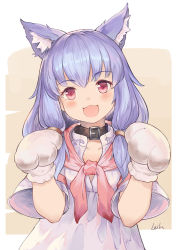 Rule 34 | 1girl, :3, :d, animal ear fluff, animal ears, animal hands, black collar, blue hair, blush, brown background, character request, collar, commentary request, dress, final fantasy, final fantasy xiv, gloves, hands up, highres, leilin, looking at viewer, open mouth, paw gloves, red eyes, short sleeves, signature, smile, solo, two-tone background, upper body, warrior of light (ff14), white background, white dress, white gloves, wide sleeves