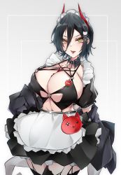 Rule 34 | 1girl, absurdres, alternate breast size, apron, azur lane, bikini, black hair, black jacket, black skirt, black thighhighs, breast strap, breasts, cat hair ornament, cleavage, cowboy shot, detached collar, grey background, hair between eyes, hair ornament, highres, horns, huge breasts, jacket, kive, looking at viewer, maid, maid bikini, mechanical horns, o-ring, o-ring top, official alternate costume, puffy sleeves, red horns, short hair, simple background, skirt, slit pupils, solo, swimsuit, tattoo, thighhighs, tongue, tongue out, tongue tattoo, ulrich von hutten (azur lane), ulrich von hutten (mayhem maid) (azur lane), unconventional maid, waist apron, white apron, x hair ornament, yellow eyes
