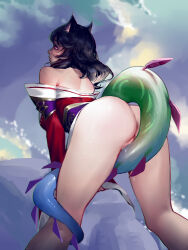 Rule 34 | 1girl, ahri (league of legends), animal ears, ass, bare shoulders, bent over, black hair, detached sleeves, facial mark, feet out of frame, fox ears, highres, hua zhong yu, korean clothes, kyuubi, league of legends, long hair, neeko (league of legends), no panties, off shoulder, pussy, pussy juice, shiny skin, solo, tail