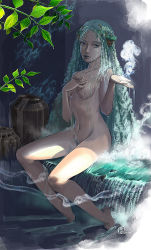 Rule 34 | 1girl, barefoot, caustics, dated, full body, long hair, mugon, nature, nude, original, partially submerged, plant, plantar flexion, sitting, smoke, soaking feet, solo, spill, very long hair, water, waterfall, wet