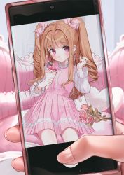 Rule 34 | 1girl, 1other, blush, bow, bow earrings, brown hair, cellphone, commentary, dress, drill hair, earrings, fake phone screenshot, fake screenshot, fingernails, flower, frills, hair bow, hands up, heart, heart-shaped pillow, highres, holding, indoors, jewelry, kinty, long hair, long sleeves, looking at viewer, original, parfait, phone, pillow, pink bow, pink dress, pink eyes, pink flower, pink rose, rose, sitting, smartphone, solo focus, symbol-only commentary, taking picture, twintails