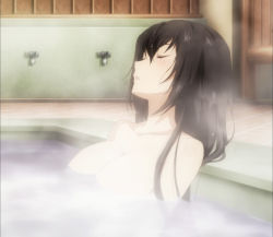 Rule 34 | 10s, 1girl, bath, black hair, breasts, censored nipples, cleavage, convenient censoring, kantai collection, large breasts, long hair, nagato (kancolle), nude, screencap, solo