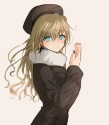 Rule 34 | 1girl, :o, alice lendrott, aqua eyes, beret, black coat, black hat, black nails, blonde hair, blue eyes, blush, breath, coat, cold, cross, cross earrings, ear blush, earrings, from side, hand blush, hands up, hat, jewelry, long hair, long sleeves, looking at viewer, looking to the side, nail polish, nose blush, scarf, shinigami bocchan to kuro maid, shotan, simple background, solo, upper body, white background, white scarf, winter clothes