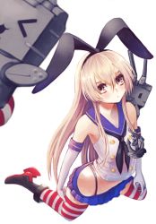 Rule 34 | &gt; &lt;, 10s, 1girl, :3, anchor, black panties, blonde hair, blush, boots, closed eyes, elbow gloves, elk (zrkn69), full body, gloves, grey footwear, hairband, kantai collection, lifebuoy, long hair, looking at viewer, panties, personification, rensouhou-chan, shimakaze (kancolle), simple background, skirt, solo, striped clothes, striped thighhighs, swim ring, thighhighs, underwear, white background, white gloves