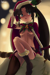 Rule 34 | 1girl, bad id, bad pixiv id, black gloves, black hair, black thighhighs, blue eyes, blush, boots, breasts, cape, fate/grand order, fate (series), gloves, hat, highres, holly, katana, long hair, mistletoe, sack, santa hat, sheath, sheathed, shimomoto, side ponytail, single thighhigh, sitting, small breasts, solo, sword, thighhighs, ushiwakamaru (fate), very long hair, weapon