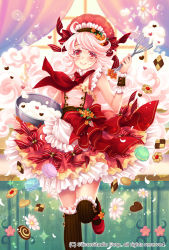 Rule 34 | 1girl, bow, brown thighhighs, chocolate, company name, cookie, curly hair, food, frilled thighhighs, frills, full body, gyakushuu no fantasica, hairband, hat, icing, long hair, macaron, nishiwaki yuuri, official art, pink hair, red eyes, solo, standing, standing on one leg, swept bangs, thighhighs, thumbprint cookie, very long hair, whisk