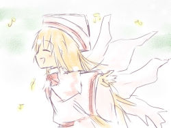 Rule 34 | 1girl, blonde hair, blush, closed eyes, female focus, happy, hat, komakusa, lily white, long hair, musical note, solo, touhou, upper body, white background