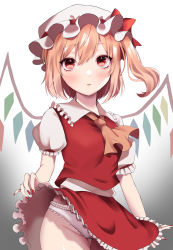 Rule 34 | 1girl, ? (spsp2323), absurdres, ascot, bad id, bad pixiv id, blonde hair, blush, bow, breasts, clothes lift, commentary request, cowboy shot, crystal, expressionless, flandre scarlet, frilled shirt collar, frills, gradient background, grey background, groin, hair between eyes, hat, hat bow, highres, lifted by self, looking at viewer, mob cap, nail polish, one side up, orange ascot, panties, pantyshot, parted lips, puffy short sleeves, puffy sleeves, red bow, red eyes, red nails, red skirt, red vest, short hair, short sleeves, simple background, skirt, skirt lift, small breasts, solo, touhou, underwear, upskirt, vest, white hat, white panties, wings