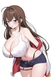 Rule 34 | 1girl, absurdres, ahoge, bare shoulders, black shorts, blue eyes, bodiedwile, breasts, brown hair, cleavage, closed mouth, collarbone, commission, cowboy shot, crop top, highleg, highres, huge breasts, jacket, leaning forward, long hair, long sleeves, looking at viewer, micro shorts, midriff, navel, off shoulder, open clothes, open fly, open jacket, original, panty straps, raised eyebrow, shirt, short shorts, shorts, sidelocks, simple background, skindentation, sleeveless, sleeveless shirt, smile, solo, standing, stomach, thigh strap, thighs, tongue, tongue out, very long hair, white background, white jacket, white shirt