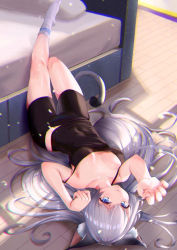 Rule 34 | 1girl, animal ear fluff, animal ears, arms up, bed, bike shorts, black camisole, black shorts, blue eyes, breasts, camisole, cat ears, cat girl, cat tail, covered navel, grey hair, indoors, leg up, legs, long hair, looking at viewer, lying, nitoro rorofusu, on back, on floor, original, paw pose, pillow, shorts, small breasts, smile, socks, solo, strap slip, tail, thighs, white footwear, wooden floor