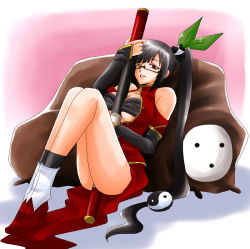 Rule 34 | 1girl, arakune, arc system works, ass, bad id, bad pixiv id, bare shoulders, black hair, blazblue, blazblue: calamity trigger, breasts, china dress, chinese clothes, cleavage, dress, female focus, full body, glasses, gradient background, high heels, lao jiu, litchi faye ling, long hair, panda, ponytail, red eyes, shoes, smile, solo, staff, takanon (pixiv259581), yin yang