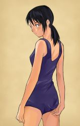 Rule 34 | 1girl, adjusting clothes, adjusting swimsuit, bad id, bad pixiv id, black hair, blush, female focus, from behind, gradient background, long hair, matsuse daichi, one-piece swimsuit, original, school swimsuit, solo, swimsuit