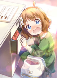 Rule 34 | 1girl, ahoge, bag, blue eyes, blush, brown hair, commentary, desk, embarrassed, flower, gift, hair flower, hair ornament, idolmaster, idolmaster million live!, long sleeves, looking at viewer, open mouth, short hair, solo, squatting, suou momoko, toma (shinozaki), valentine
