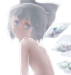 Rule 34 | 1girl, backlighting, blue bow, blue eyes, blue hair, bow, cirno, commentary, completely nude, expressionless, flower, frozen flower, hair between eyes, hair bow, ice, ice wings, large bow, looking at viewer, nude, shirosato, short hair, solo, touhou, upper body, wings