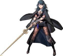 Rule 34 | 1girl, armor, blue eyes, blue hair, byleth (female) (fire emblem), byleth (fire emblem), cape, collarbone, fire emblem, fire emblem: three houses, full body, kurahana chinatsu, long hair, looking at viewer, nintendo, official art, pantyhose, shorts, simple background, smile, solo, white background