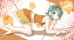 Rule 34 | 1girl, all fours, bad id, bad pixiv id, barefoot, character name, head rest, gingami, goggles, goggles on head, green eyes, green hair, gumi, matching hair/eyes, orange skirt, samegami, short hair, skirt, smile, solo, vocaloid, wrist cuffs