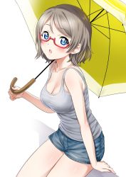 Rule 34 | 10s, 1girl, blouse, breasts, cleavage, glasses, grey shirt, hair between eyes, highres, looking at viewer, love live!, love live! sunshine!!, medium breasts, no bra, open mouth, sankuro (agoitei), shadow, shirt, short hair, short shorts, shorts, simple background, sitting, solo, tank top, thighs, umbrella, watanabe you, white background