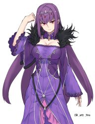 Rule 34 | 1girl, breasts, cleavage, closed mouth, dated, dress, eyebrows, eyelashes, fate/grand order, fate (series), feather trim, female focus, fur trim, hair between eyes, headpiece, large breasts, light smile, long hair, long sleeves, looking at viewer, michihasu, purple dress, purple hair, red eyes, scathach (fate), scathach skadi (fate), simple background, solo, standing, tiara, very long hair, wand, white background, wide sleeves