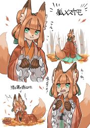 Rule 34 | 1girl, absurdres, animal ear fluff, animal ears, autumn leaves, falling leaves, female focus, forest, fox ears, fox girl, fox tail, furry, furry female, green eyes, grey skirt, highres, japanese clothes, kawarage yatano, kimono, kimono skirt, leaf, looking at viewer, nature, open mouth, original, outdoors, skirt, solo, tail, wide sleeves