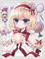 Rule 34 | 1girl, alice margatroid, blonde hair, blue dress, blue eyes, blush, book, capelet, closed mouth, cup, dress, fingernails, fork, hairband, highres, holding, holding cup, kayon (touzoku), key, knife, lolita hairband, mirror, open book, red hairband, shanghai doll, short hair, solo, touhou, white capelet