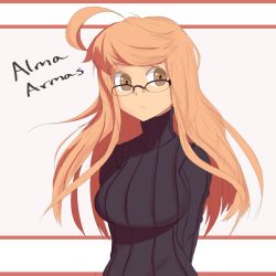Rule 34 | 1girl, alma armas, arms behind back, black sweater, blonde hair, breasts, brown eyes, female focus, glasses, guppydesu, highres, large breasts, looking at viewer, looking over eyewear, solo, sweater, upper body, va-11 hall-a, white background