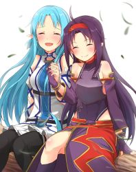 Rule 34 | 10s, 2girls, :d, ^ ^, ahoge, armor, asuna (sao), asuna (sao-alo), bare shoulders, black legwear, blue hair, blush, breastplate, closed eyes, covered navel, detached sleeves, fingerless gloves, gloves, hairband, highres, holding hands, long hair, long skirt, max melon, md5 mismatch, multiple girls, open mouth, pointy ears, purple gloves, purple hair, purple skirt, resized, resolution mismatch, skirt, smile, source larger, sword art online, tears, thighhighs, yuuki (sao)
