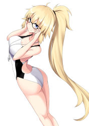 Rule 34 | 1girl, adjusting eyewear, arched back, ass, black-framed eyewear, blonde hair, blue eyes, competition swimsuit, fate/grand order, fate (series), feet out of frame, from behind, highres, jeanne d&#039;arc (fate), jeanne d&#039;arc (ruler) (fate), jeanne d&#039;arc (swimsuit archer) (fate), jeanne d&#039;arc (swimsuit archer) (second ascension) (fate), long hair, minato yoshihiro, one-piece swimsuit, ponytail, simple background, solo, standing, swimsuit, very long hair, whistle, whistle around neck, white background, white one-piece swimsuit