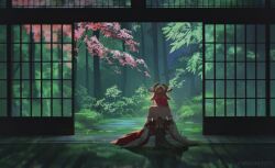 Rule 34 | 1girl, animal ears, artist name, cherry blossoms, facing away, fox ears, fox girl, genshin impact, highres, japanese clothes, kantakerro, leaf, lily pad, long hair, looking ahead, nontraditional miko, pink hair, scenery, sitting, solo, tree, water, yae miko