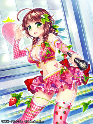 Rule 34 | 1girl, :d, ahoge, bad id, bad pixiv id, bare shoulders, blush, breasts, brown hair, character request, cleavage, drill hair, food, fruit, green eyes, hair ornament, holding, large breasts, leaf, leaf on head, long hair, looking at viewer, microphone, midriff, navel, official art, open mouth, renta (deja-vu), salute, skirt, smile, solo, standing, strawberry, tenka touitsu chronicle, thighhighs