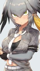 Rule 34 | 1girl, belt, black gloves, blonde hair, blush, breasts, cleavage, detached sleeves, fingerless gloves, gloves, green eyes, grey hair, guchico, hair between eyes, head wings, kemono friends, large breasts, looking at viewer, multicolored hair, navel, necktie, open clothes, open shirt, shirt, shoebill (kemono friends), solo, sports bra, two-tone hair, unfinished, wet, wet clothes, wet shirt, white necktie, wings, wringing clothes
