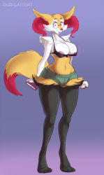 Rule 34 | 1girl, animal ears, animal hands, areola slip, artist name, bespectacled, bikini, bikini top only, black-framed eyewear, black bikini, blush, book, braixen, breast expansion, breasts, claws, cleavage, covered erect nipples, creatures (company), feet, female focus, flatcoat, fox ears, fox tail, full body, furry, furry female, game freak, gen 6 pokemon, glasses, gradient background, green shorts, large breasts, legs apart, looking down, magic, navel, nintendo, open mouth, pokemon, pokemon (creature), pokemon xy, purple background, red eyes, short shorts, shorts, simple background, solo, standing, swimsuit, tail, text focus, watermark