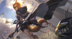 Rule 34 | 1girl, absurdres, animal ears, arknights, arrow (projectile), blonde hair, bow (weapon), breasts, chinese commentary, cloud, commentary request, drone, fox ears, fox girl, fox tail, from below, hair between eyes, highres, holding, holding bow (weapon), holding weapon, hood, hood down, looking at viewer, looking back, looking down, medium breasts, medium hair, notched ear, aged up, orange eyes, outdoors, prosthesis, prosthetic arm, quiver, shorts, sky, solo, tail, vermeil (arknights), weapon, weian (van)