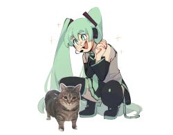 Rule 34 | 1girl, black skirt, black sleeves, black thighhighs, boots, cat, detached sleeves, full body, green eyes, green hair, green necktie, grey shirt, hatsune miku, highres, long hair, necktie, open mouth, outline, pleated skirt, shirt, simple background, skirt, sleeveless, sleeveless shirt, smile, squatting, swagamicchi, thigh boots, thighhighs, twintails, very long hair, vocaloid, white background, white outline