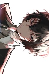Rule 34 | 1boy, bandaged neck, bandages, black eyes, black hair, brown jacket, bungou stray dogs, closed mouth, dazai osamu (bungou stray dogs), hair between eyes, highres, jacket, light, looking at viewer, male focus, portrait, shirt, short hair, simple background, smile, solo, white background, white shirt, ya ta