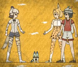 Rule 34 | 10s, 3girls, african wild dog (kemono friends), animal ears, backpack, bag, bare shoulders, beige hair, black bow, black bowtie, black eyes, black hair, black shorts, blonde hair, boots, bow, bowtie, brown footwear, bucket hat, clenched hand, clenched hands, closed mouth, collared shirt, commentary request, crack, dog ears, dog tail, egyptian art, elbow gloves, from side, full body, gloves, hat, hat feather, high-waist skirt, highres, kaban (kemono friends), kemono friends, kita (7kita), legs apart, long sleeves, lucky beast (kemono friends), multicolored hair, multiple girls, no gloves, no legwear, pantyhose, profile, red shirt, serval (kemono friends), serval print, serval tail, shirt, shoes, short hair, short sleeves, shorts, skirt, sleeveless, sleeveless shirt, standing, striped tail, tail, thighhighs, two-tone hair, white footwear, white shirt, white shorts, wing collar, yellow background