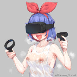 Rule 34 | 1girl, :d, bare shoulders, blue hair, blush, breasts, grey background, hairband, head-mounted display, highres, holding, medium breasts, nipples, omega ray, omega sisters, open mouth, red hair, see-through, short hair, simple background, smile, solo, sweat, tank top, virtual youtuber, yoshiwa tomo