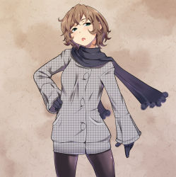 Rule 34 | 1girl, black scarf, brown hair, coat, gloves, green eyes, hand on own hip, hip focus, original, painpa, pantyhose, scarf, short hair, solo, winter clothes, winter coat