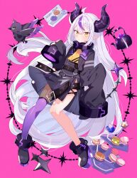 Rule 34 | 1girl, ankle cuffs, asami-chan, asymmetrical legwear, collar, fishnets, food, hololive, horns, la+ darknesss, long hair, macaron, pink background, pointy ears, purple thighhighs, sleeves past fingers, sleeves past wrists, thighhighs, very long hair, virtual youtuber, white hair
