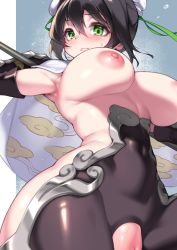 Rule 34 | 1girl, arm guards, black bodysuit, black gloves, black hair, bodysuit, breasts, bun cover, cape, covered navel, double bun, elbow gloves, fate/grand order, fate (series), fingerless gloves, fuya (tempupupu), gloves, green eyes, green ribbon, hair bun, hair ribbon, jewelry, large breasts, looking at viewer, neck ring, nipples, polearm, qin liangyu (fate), ribbon, sidelocks, solo, spear, thighs, torn bodysuit, torn clothes, weapon, white cape