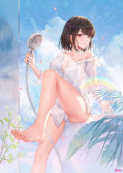 Rule 34 | 1girl, atdan, bare legs, barefoot, breasts, brown hair, cleavage, feet, foot out of frame, highres, holding, holding shower head, large breasts, leg up, lily (atdan), long sleeves, looking at viewer, open mouth, original, panties, petals, plant, rainbow, red eyes, shirt, short hair, shower head, single bare shoulder, sitting, solo, toes, underwear, water, wet, white panties, white shirt