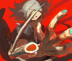 Rule 34 | 1boy, bleeding, blood, blue eyes, blue nails, bone, facial mark, kimimaro, looking at viewer, male focus, nail polish, naruto (series), oku (2964 okn), red background, simple background, solo, upper body, white hair