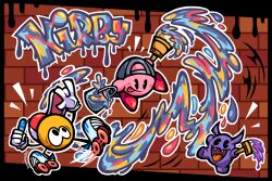 Rule 34 | backwards hat, baseball cap, blush stickers, bumpadump2002, character name, gloves, hat, holding, holding paintbrush, kirby, kirby (series), nintendo, no humans, outline, paint roller (kirby), paint splatter, paintbrush, prank (kirby), roller skates, signature, skates, tongue, tongue out, white gloves, white outline