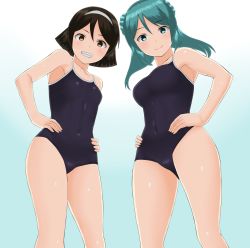 Rule 34 | 2girls, 30-06, black hair, blue background, blue eyes, blue hair, breasts, brown eyes, competition school swimsuit, double bun, hair bun, hairband, hands on own hips, hat, kantai collection, looking at viewer, medium breasts, multiple girls, one-piece swimsuit, school swimsuit, short hair, small breasts, smile, swimsuit, tanikaze (kancolle), two-tone background, urakaze (kancolle), white background, white hairband, white hat