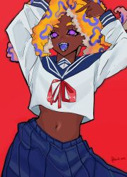 Rule 34 | 1girl, alternate costume, arms up, blue sailor collar, blue skirt, bright pupils, colored tongue, crop top, cropped shirt, dark-skinned female, dark skin, highres, lewa nn, long sleeves, looking at viewer, midriff, multicolored hair, navel, nintendo, octoling, open mouth, orange hair, pleated skirt, purple eyes, purple tongue, red background, red ribbon, ribbon, sailor collar, shirt, simple background, skirt, smile, solo, splatoon (series), splatoon 3, tao blu, twitter username, white pupils, white shirt