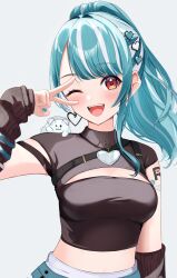 Rule 34 | 1girl, 717minami, absurdres, belt, black arm warmers, black shirt, blue belt, blue hair, breasts, cleavage cutout, clothing cutout, detached sleeves, earrings, grey background, hair ornament, heart, heart earrings, heart hair ornament, heart tattoo, highres, jewelry, looking at viewer, medium breasts, midriff, multicolored hair, one eye closed, open mouth, orange eyes, ponytail, shiranami ramune, shirt, simple background, skirt, sleeves past wrists, smile, solo, streaked hair, stuffed animal, stuffed toy, tattoo, text tattoo, v, virtual youtuber, vspo!, white hair, white skirt