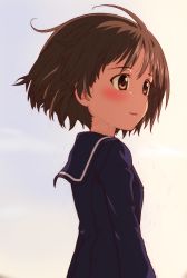 Rule 34 | 1girl, blue jacket, brown eyes, brown hair, closed mouth, commentary, day, girls und panzer, highres, jacket, kayabakoro, light smile, looking to the side, maruyama saki, ooarai school uniform, outdoors, parted lips, sailor collar, school uniform, short hair, solo, upper body, wind, winter uniform