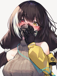 Rule 34 | 1girl, bare shoulders, blush, breasts, diieru, embarrassed, gas mask, girls&#039; frontline, heterochromia, highres, large breasts, long hair, low twintails, mask, mouth mask, multicolored hair, off shoulder, red eyes, ro635 (girls&#039; frontline), ro635 (mod3) (girls&#039; frontline), solo, streaked hair, twintails, yellow eyes