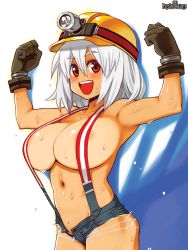 Rule 34 | 1girl, areola slip, arms up, cowboy shot, cutoffs, denim, denim shorts, flexing, gloves, hair between eyes, hard hat, helmet, logo, long hair, naked suspenders, navel, official art, open fly, open mouth, psychic hearts, red eyes, ryoji (nomura ryouji), short hair, short shorts, shorts, solo, suspenders, sweat, torn clothes, unbuttoned, white hair