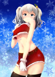 Rule 34 | 10s, 1girl, alternate costume, bare shoulders, bell, black thighhighs, blue eyes, breasts, fur trim, gloves, grey eyes, hair bell, hair ornament, highres, kantai collection, kashima (kancolle), looking at viewer, midriff, navel, red skirt, santa costume, silver hair, skirt, skirt tug, smile, solo, stomach, sunsuke, thighhighs, underboob, wavy hair, white gloves