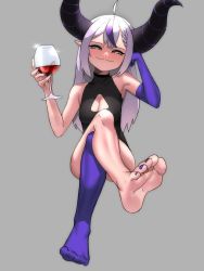 Rule 34 | 1girl, ahoge, bare shoulders, barefoot, blush, braid, breasts, cleavage, cleavage cutout, clothing cutout, crossed legs, cup, drinking glass, elbow gloves, feet, foot focus, foreshortening, gloves, grey background, highres, hololive, horns, kouy, la+ darknesss, long hair, looking at viewer, nail polish, no shoes, pointy ears, purple gloves, purple hair, purple nails, purple thighhighs, silver hair, simple background, single glove, single sock, single thighhigh, smile, socks, soles, solo, thighhighs, toenail polish, toenails, virtual youtuber, wine glass, yellow eyes